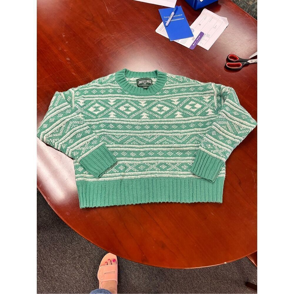 Vintage American Eagle Green & White Crew Neck Sweater sz S EUC